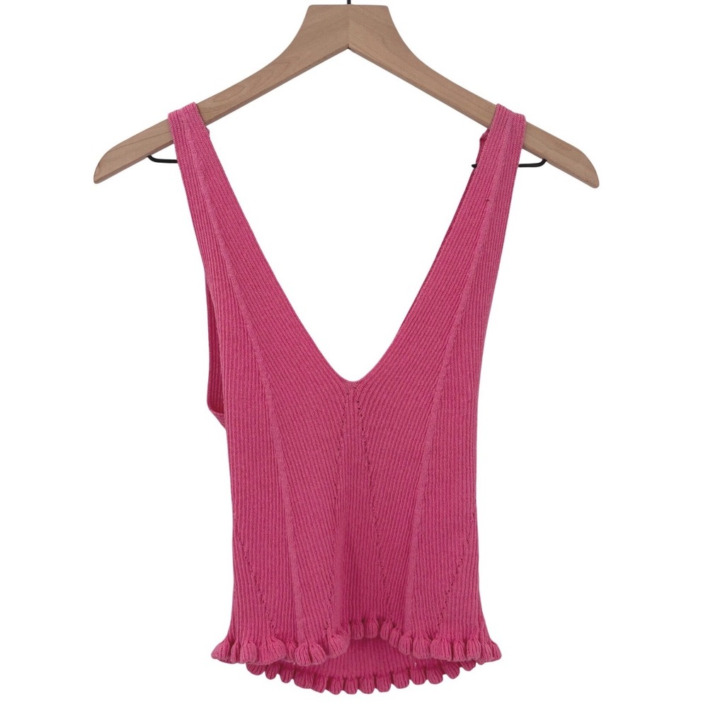 Zara‎ Womens Pink Ribbed Knit V-Neck Tank Top Bobble Hem Sleeveless Large